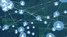 Animation of network of connections with icons and data processing over server room. Global connections, computing and digital interface concept digitally generated video. - Powered by Shutterstock - Get 15% off with code: PIKWIZARD15