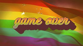 Animation of game over text with stars over rainbow flag on black background. Communiaction, pride, shapes and background concept digitally generated video. - Powered by Shutterstock - Get 15% off with code: PIKWIZARD15