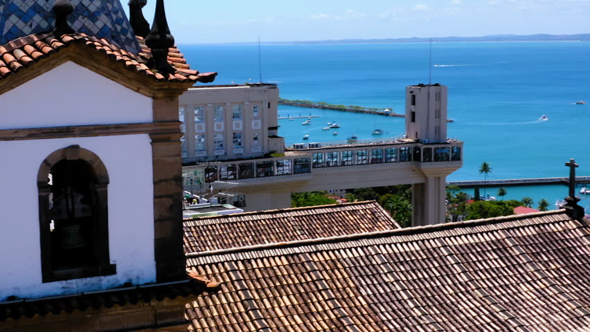 Aerial view of Elevador Lacerda and the city at background, Salvador, Bahia, Brazil