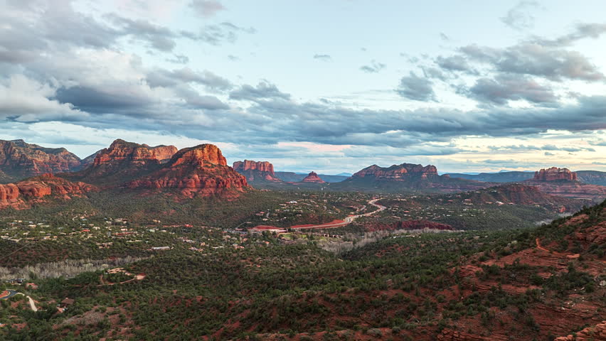 Panoramic View Of Sedona Landscape At Sunset from Airport Vortex In Arizona, USA. drone shot, hyperlapse