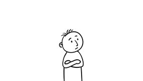 Drawn character. Round head. Male gender. Middle aged man. Performs various actions. On a white background. Half-length portrait. Line drawing. Hand-drawn animation.