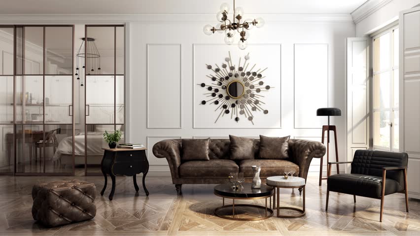 Living room interior designed in the style of modern classic with vintage and glamour elements presented in different color versions, with changing textures of walls, floors and finishes. 3d animation Royalty-Free Stock Footage #3476647251