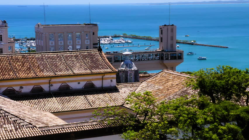 Aerial view of Elevador Lacerda and the city at background, Salvador, Bahia, Brazil