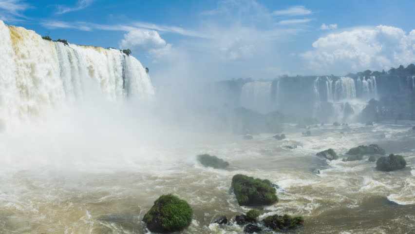 Timelapse of Waterfalls of Iguazu around a big green area, in a sunny day, Foz do Iguacu, Parana, Brazil Royalty-Free Stock Footage #3476658961