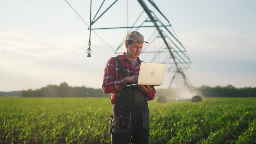corn agriculture. male farmer works on a laptop in a field with green corn sprouts. corn is watered by irrigation machine. irrigation agriculture business sunlight concept Royalty-Free Stock Footage #3476682841