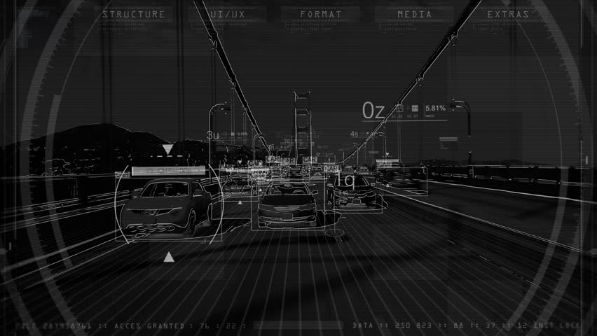 Wired City Street with Traffic. Technology Interface Surveillance and Computer Vision Identification System. POV Futuristic Vision Artificial Intelligence Interface, Big Data, Object Recognition. - Powered by Shutterstock - Get 15% off with code: PIKWIZARD15