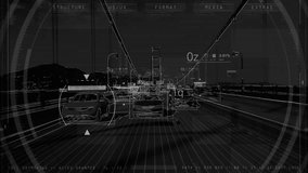 Wired City Street with Traffic. Technology Interface Surveillance and Computer Vision Identification System. POV Futuristic Vision Artificial Intelligence Interface, Big Data, Object Recognition. - Powered by Shutterstock - Get 15% off with code: PIKWIZARD15