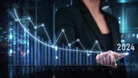 Business Woman Drawing a Descending Graph for Year 2024. Stock Broker Using Augmented or Virtual Reality. Touchscreen Display Showing Financial Downward Trend. Future Economic Recession, Crisis. - Powered by Shutterstock - Get 15% off with code: PIKWIZARD15