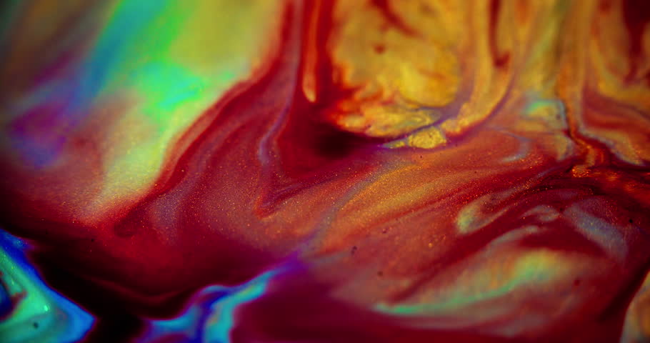 Glitter paint drip. Ink flow. Liquid marble. Blur red yellow purple cyan green color golden glow shiny particles fluid blend motion abstract art background. Royalty-Free Stock Footage #3476792411