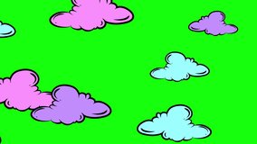 Animated Hand Drawn Style Neon Colors Clouds collection Isolated on Green Screen. Motion clouds in retro Style Cartoon Clouds design elements Vintage Engraving Style illustrations. Clouds landscape.