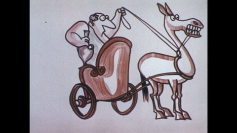 1970s: Cartoon man sits in chariot, holds reins and jug, horse takes off. Man drinks from jug, heads towards barricade and man with pickaxe, pulls reins to slow down, drinks more.