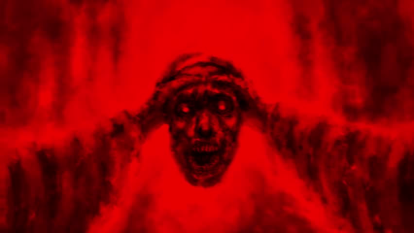 Outcast prisoner demon 2D animation. Three dark monks approach revived corpse. Servant of darkness rips off undead head and looks in face monster. Creepy Halloween backdrop. Black and red background.