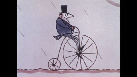 1970s: Cartoon man rides penny-farthing bicycle in rain, stops at saloon, dismounts, enters saloon. Rain stops, man emerges from saloon, gets on bike with beer mug, drinks beer and rides bike away.