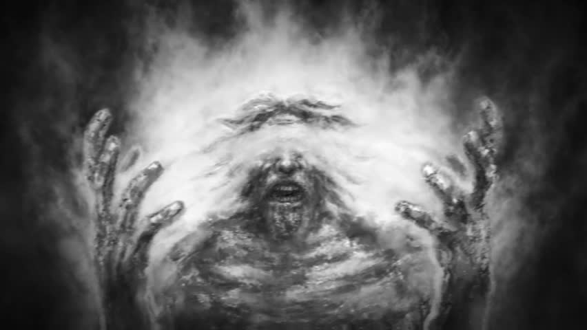 Creepy sorcerer turns into demon of darkness. 2D animation in horror fantasy genre. Cruel warlock raises his hands and turns into deity. Dark man in hellish world. Spooky magic character video clip.