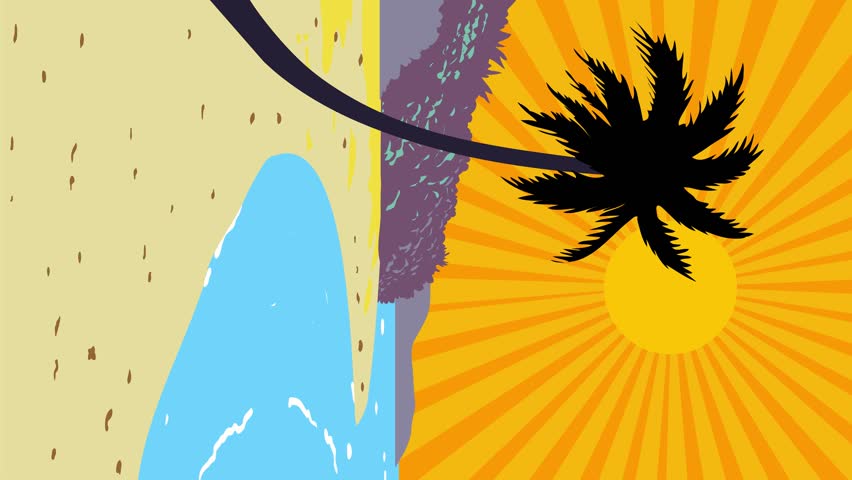 2D Animation motion graphics showing a coconut palm tree swaying in beach island with sun shining done in WPA retro style in 4k ultra-high-definition.