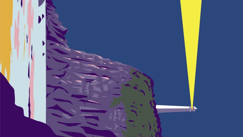 2D Animation motion graphics showing a lighthouse with beam of light on top of cliff or bluff of an island or coast done in WPA retro style in vertical format 4k ultra-high-definition.