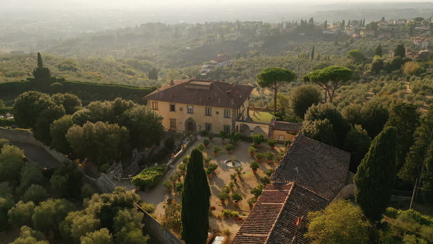 Villa On Hill in Tuscany. Top View Of Beautiful House And Landscape.