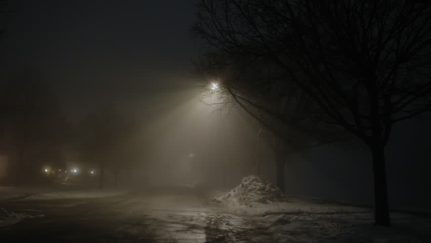 Dark street whit street light at night with heavy fog. Wide shot Royalty-Free Stock Footage #3477003039