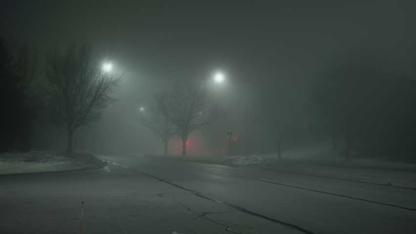Wide shot of Dark street whit street light and car at night with heavy fog Royalty-Free Stock Footage #3477003789