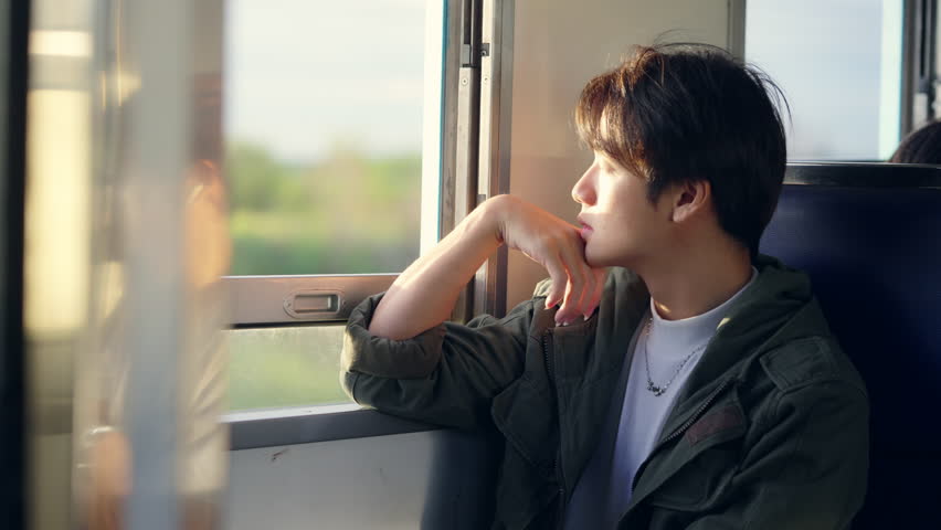 4K Young Asian man passenger sitting on train and looking out of the window. Handsome guy traveler enjoy and fun outdoor lifestyle travel on local railroad transportation on summer holiday vacation.