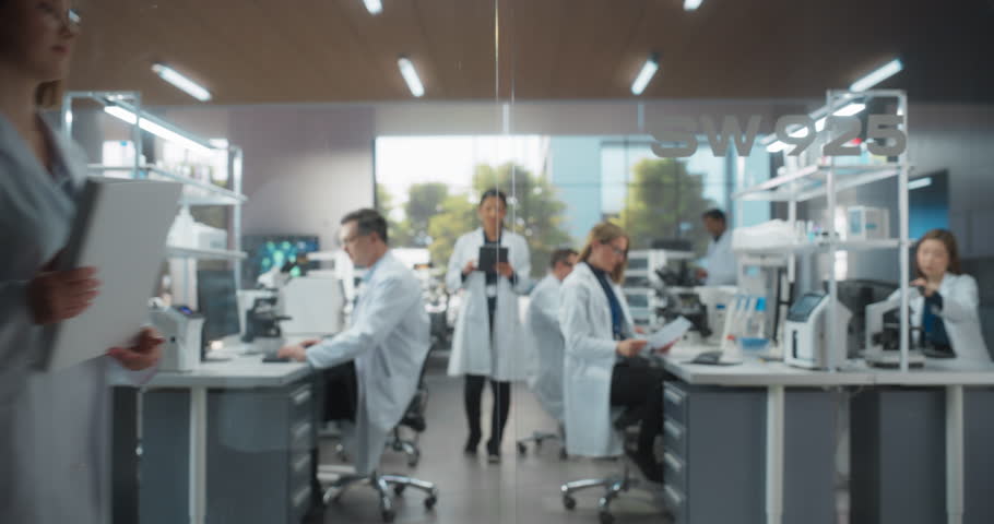 Establishing Footage of a Group of Scientists in White Lab Coats Walking in Workplace, Sitting Behind Desks and Using Computers. Young Creative People Working in a Research Laboratory