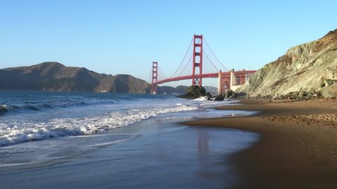 a gimbal steadicam shot walking along marshall beach with san francisco's golden gate bridge in the background