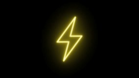 Neon lightning sign animation, rotation around vertical axis. Glowing neon 3D lightning icon, looped rotation. Electric energy, electricity charge, thunderbolt. Yellow, green, orange colors