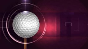 A golf ball is spinning on the left side of the screen. The background is dark purple with flashlights and squared effects. 