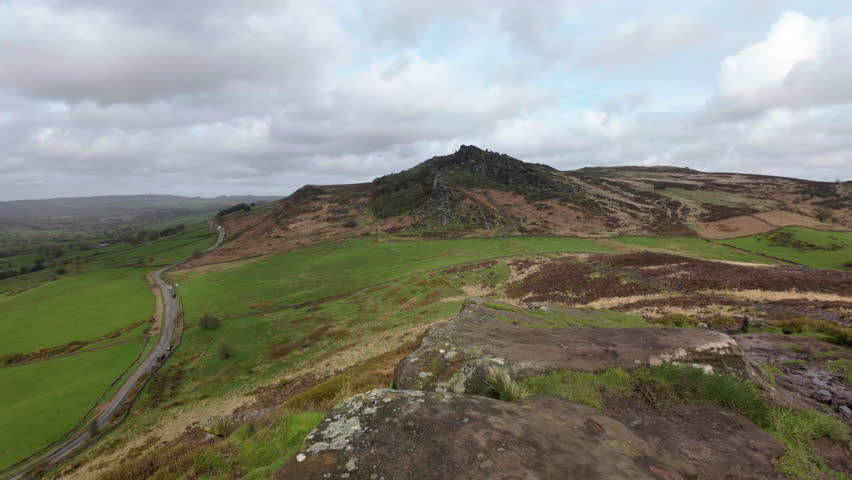 A rural UK landscape establishing shot at The Roaches in the Peak District National Park, Staffordshire, England, UK.
