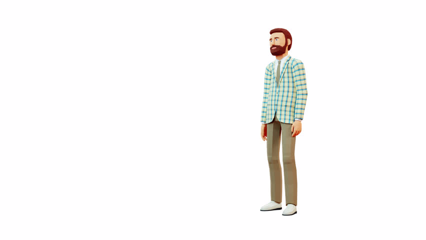 A 3D man in a jacket points with his finger as if launching magic. Magic gesture. Looping animation with alpha channel.