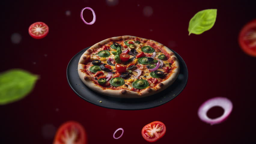 Colorfull Veggie pizza on a plate Animation intro for advertising or marketing of restaurants with the ingredients of the dish flying in the air - price tag or sale