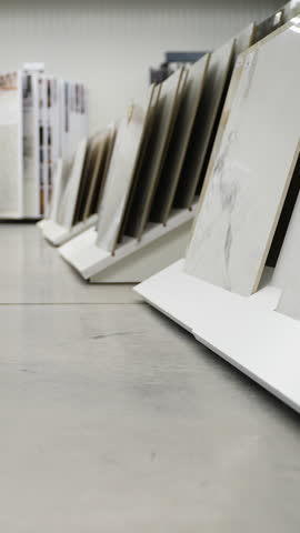 Ceramic tile collection in hardware store. Vertical video