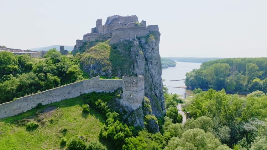 Aerial view of Devin castle (Hrad Devin) near Danube and Morava rivers in Bratislava, Slovakia on beautiful sunny day.