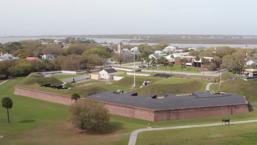Aerial panning close-up shot of historic Fort Moultrie on Sullivan