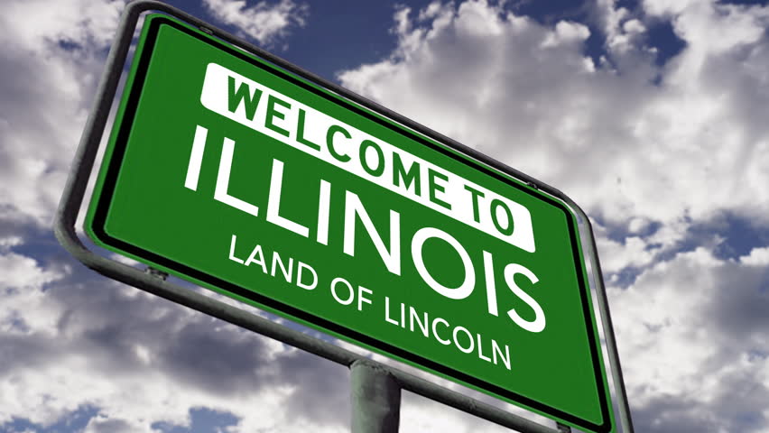 Welcome to Illinois, USA State Road Sign, Land of Lincoln Nickname, Realistic 3d Animation