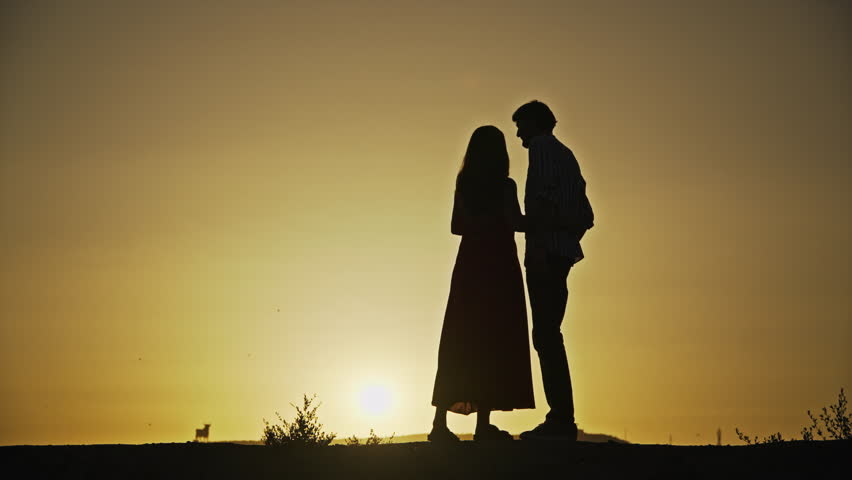 A romantic silhouette of a man and woman holding hands against the warm backdrop of a setting sun