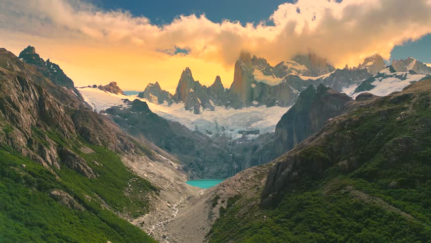 Aerial view on mount Fitzroy with lake Laguna de Los Tres and sunset in Patagonia, El Chalten, Argentina.