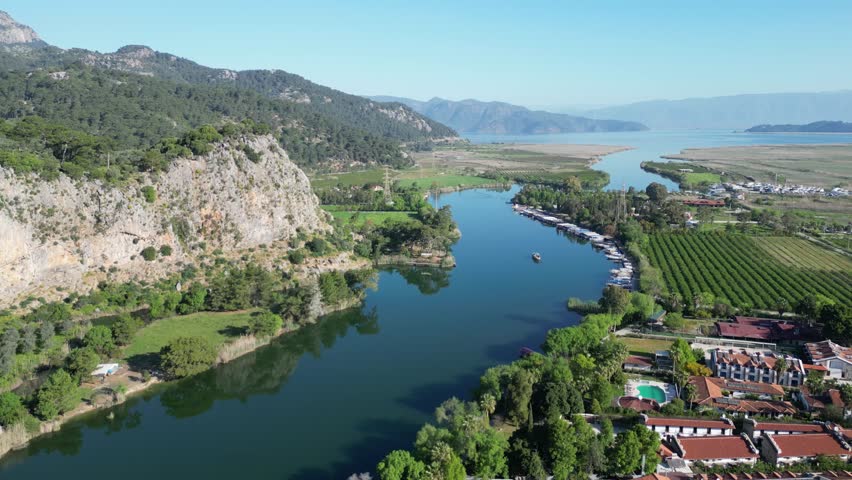 Dalyan Town riverside drone view in Mugla Province of Turkey