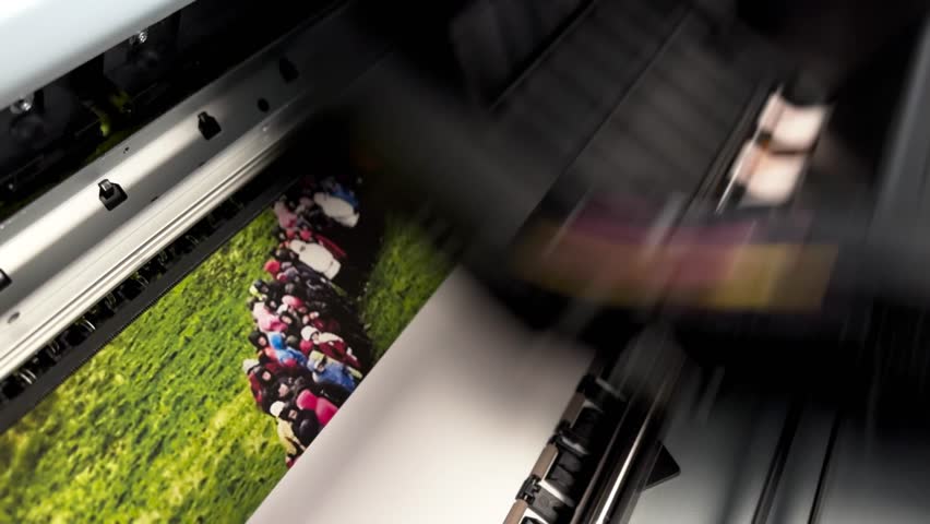 Large format inkjet printer printing quickly, internal shot of carriage Royalty-Free Stock Footage #3477455213