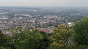 A city view from a hill with a train in the background. The train is on a track that is surrounded by trees
