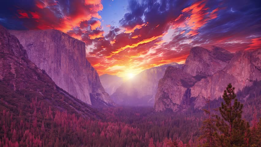 Picturesque magenta sunset at Yosemite National Park Tunnel View. El Capitan and Half Dome silhouetted against pink sky during the golden hour in summer America