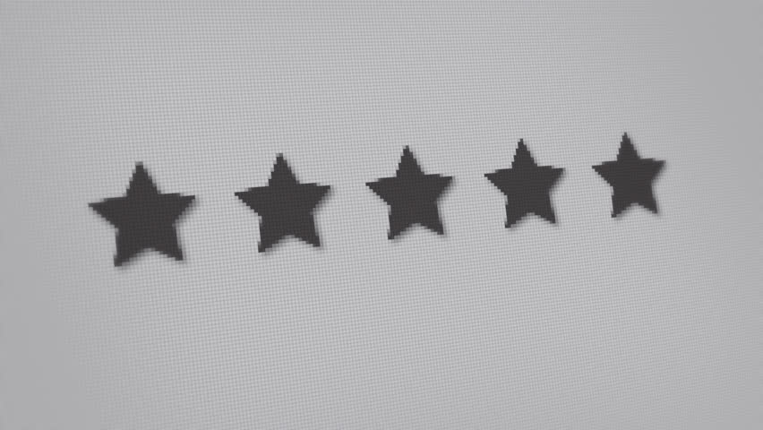 The mouse pointer clicks the five stars on the device screen. Review page or app. User leaves a excellent review with five stars. The stars turn yellow as the cursor goes over them. 