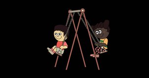 Two diverse kids on a swing, cell cartoon style animated loop, (African girl-Asian boy lineup)