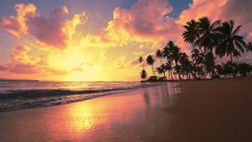 Sunset on an Indonesian beach. The big sun in the evening sky touches the horizon. Background of palm beach in Indian Ocean. Sun trail on waves in the sand. Nature amazing orange sunset at wild beach. - Powered by Shutterstock - Get 15% off with code: PIKWIZARD15