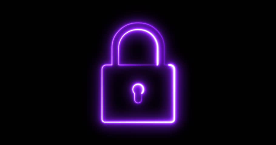 Animated neon padlock symbol on a black background.