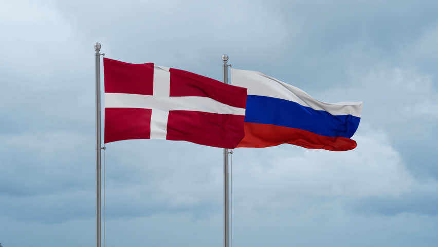 Russian Federation and Denmark flag waving together on cloudy sky, endless seamless loop Royalty-Free Stock Footage #3477687347
