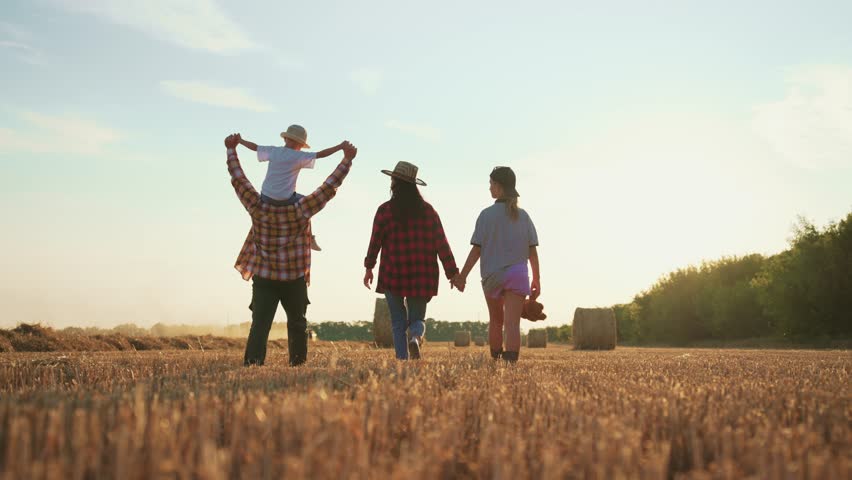 Family walking on wheat field at sunset. Happy parents children holding hands talking together in summer vacations. Farmers having fun together on farm. Farming lifestyle, parenthood, leisure concept.