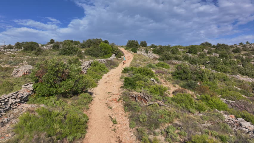 AERIAL: Unrecognizable young woman and her dog hike up a rocky trail leading up to Mediterranean houses in the middle of a rugged island. Trekker exploring the rural parts of Hvar island with puppy.