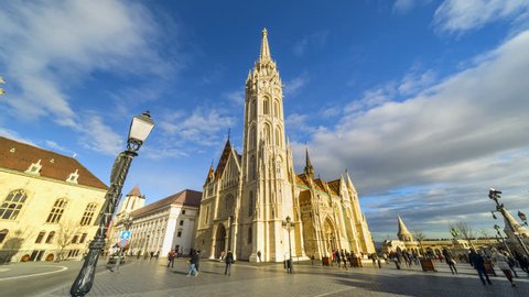 Motion time lapse of St. Matthias church in Buda Castle Hill, Budapest, Hungary.