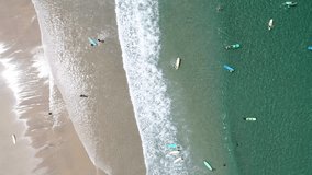 upward drone video of a beach with people learning how to surf, aquatic sports concept